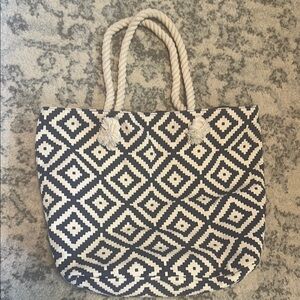 Blue and White Geometric Patterned Tote Bag
